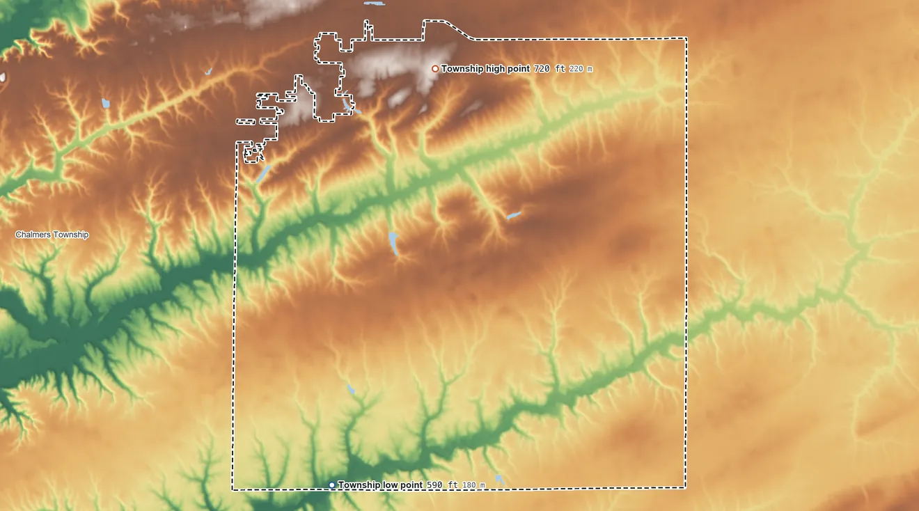 Topographic elevation map of Scotland Township, Illinois, shaded from 590 ft on the south side to 720 ft on the north side