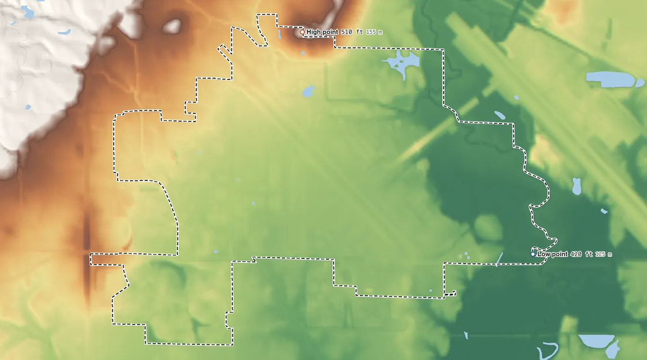 Topographic elevation map of Scott AFB, Illinois, shaded from 420 ft on the east side to 510 ft on the northeast side