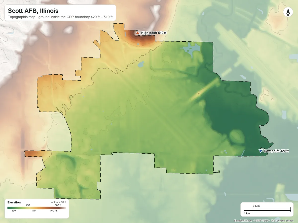 Topographic elevation map of Scott AFB, Illinois, shaded from 420 ft on the east side to 510 ft on the northeast side
