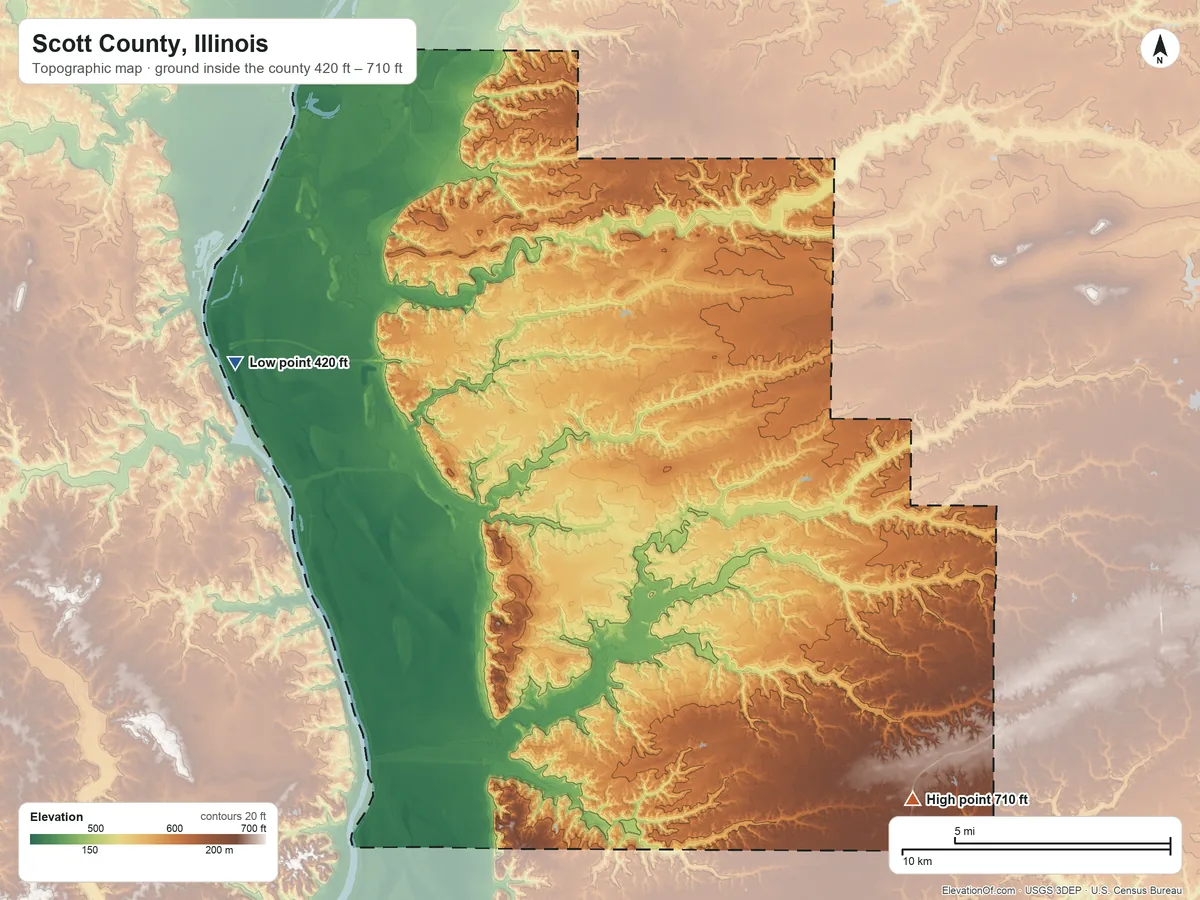 Topographic elevation map of Scott County, Illinois, shaded from 420 ft on the west side to 710 ft on the southeast side