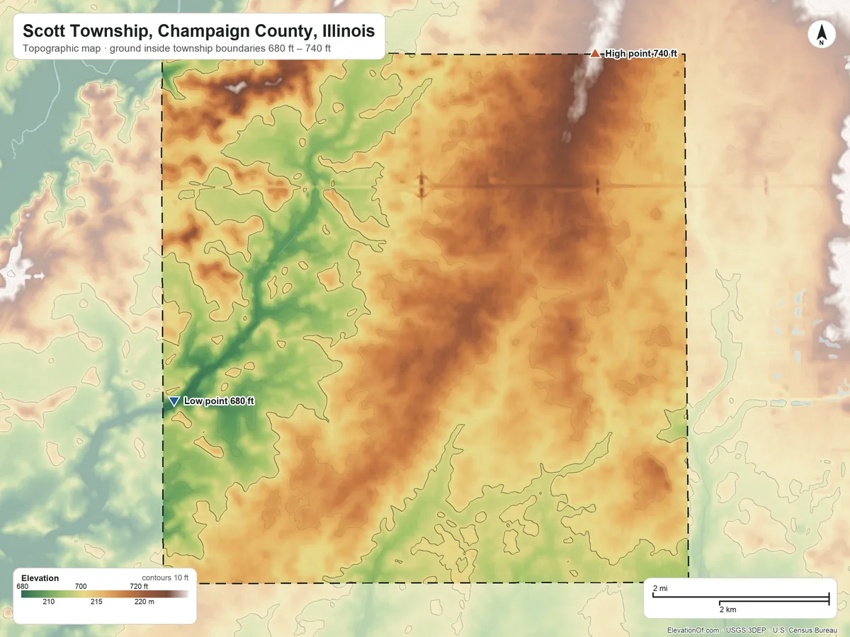 Topographic elevation map of Scott Township, Champaign County, Illinois, shaded from 680 ft on the southwest side to 740 ft on the northeast side