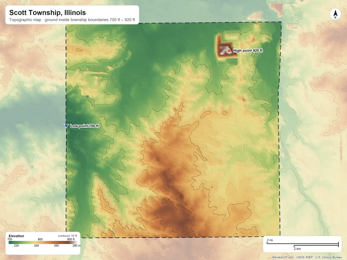 Topographic elevation map of Scott Township, Illinois, shaded from 700 ft on the west side to 920 ft on the north side