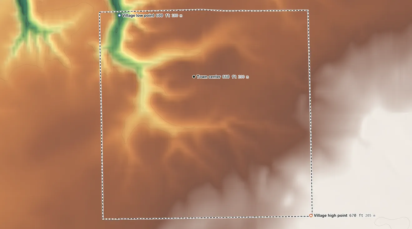 Topographic elevation map of Scottville, Illinois, shaded from 600 ft on the northwest side to 670 ft on the southeast side