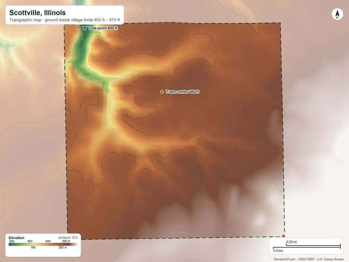 Topographic elevation map of Scottville, Illinois, shaded from 600 ft on the northwest side to 670 ft on the southeast side