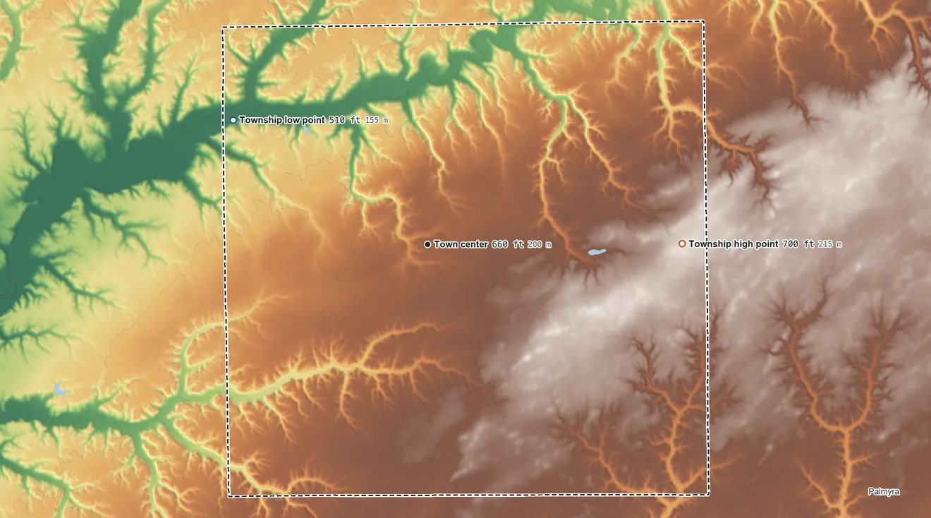 Topographic elevation map of Scottville Township, Illinois, shaded from 510 ft on the northwest side to 700 ft on the east side