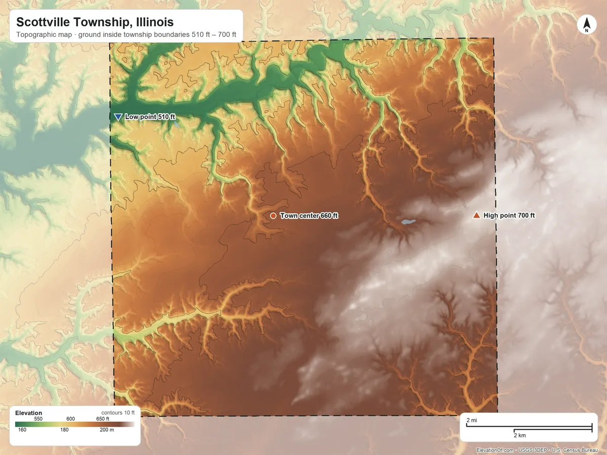 Topographic elevation map of Scottville Township, Illinois, shaded from 510 ft on the northwest side to 700 ft on the east side