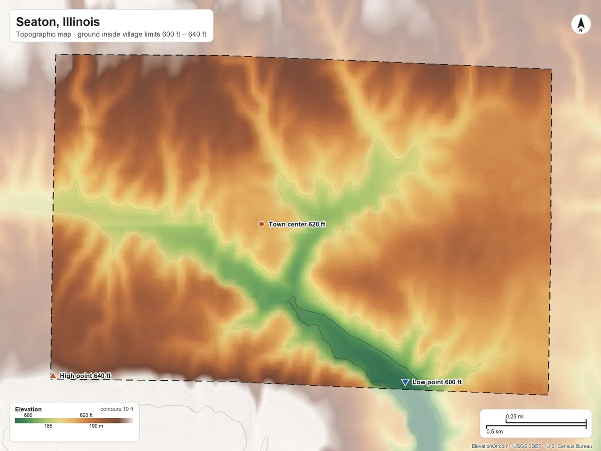 Topographic elevation map of Seaton, Illinois, shaded from 600 ft on the southeast side to 640 ft on the southwest side