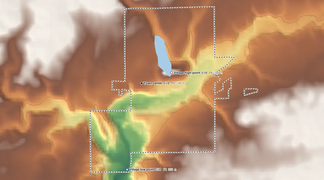 Topographic elevation map of Seatonville, Illinois, shaded from 530 ft on the south side to 650 ft on the east side