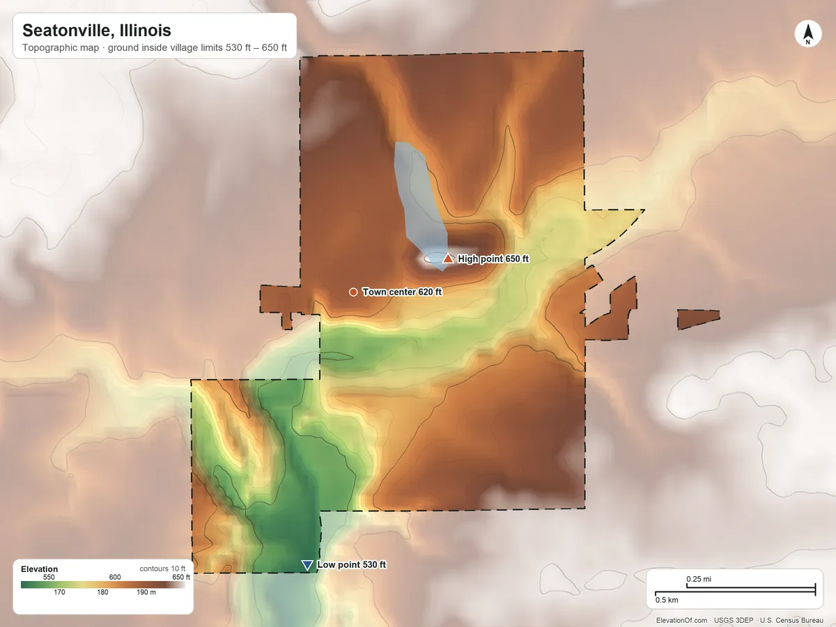 Topographic elevation map of Seatonville, Illinois, shaded from 530 ft on the south side to 650 ft on the east side