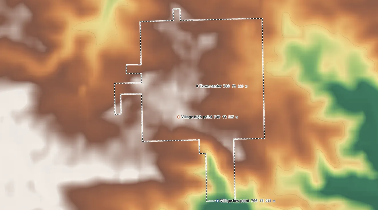 Topographic elevation map of Secor, Illinois, shaded from 700 ft on the south side to 740 ft on the southwest side