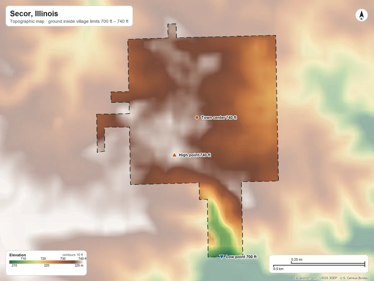 Topographic elevation map of Secor, Illinois, shaded from 700 ft on the south side to 740 ft on the southwest side