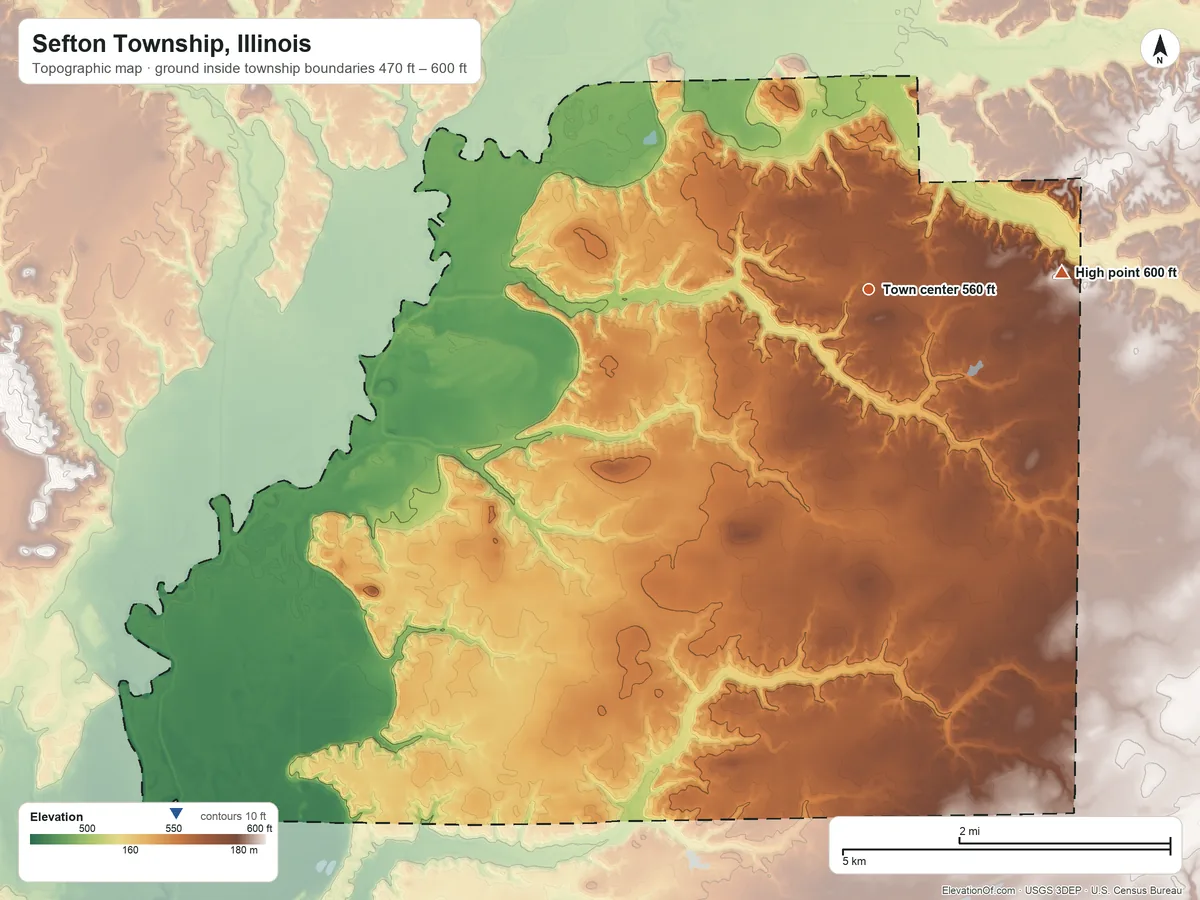 Topographic elevation map of Sefton Township, Illinois, shaded from 470 ft on the southwest side to 600 ft on the east side