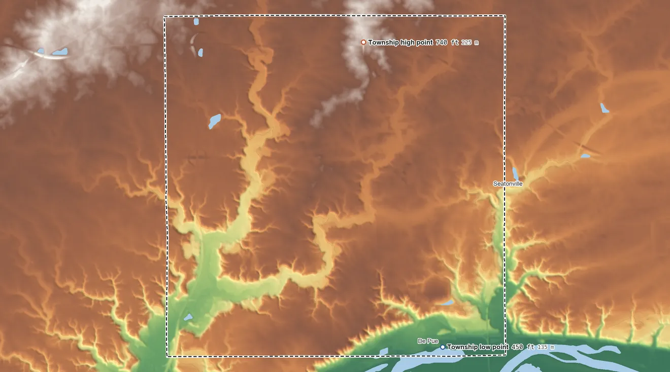 Topographic elevation map of Selby Township, Illinois, shaded from 450 ft on the southeast side to 740 ft on the north side