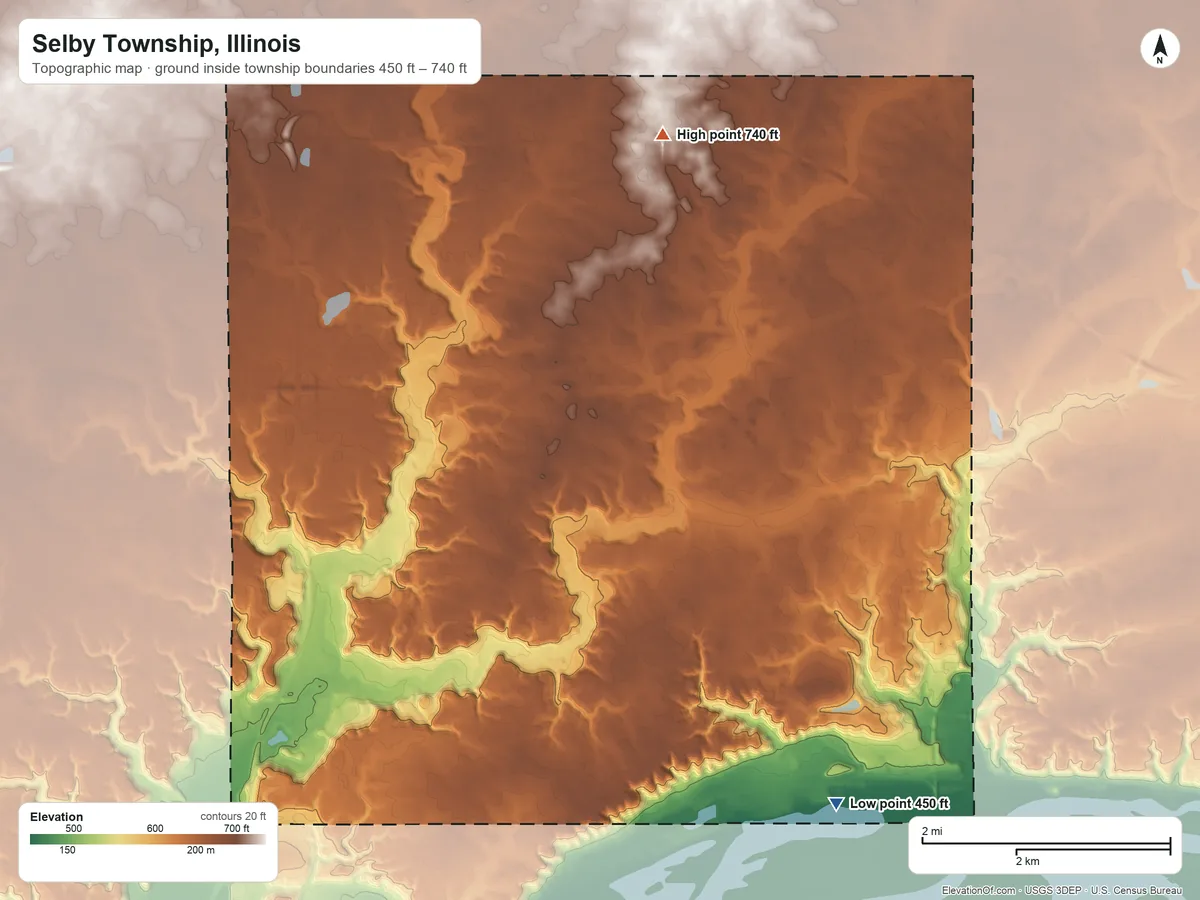 Topographic elevation map of Selby Township, Illinois, shaded from 450 ft on the southeast side to 740 ft on the north side