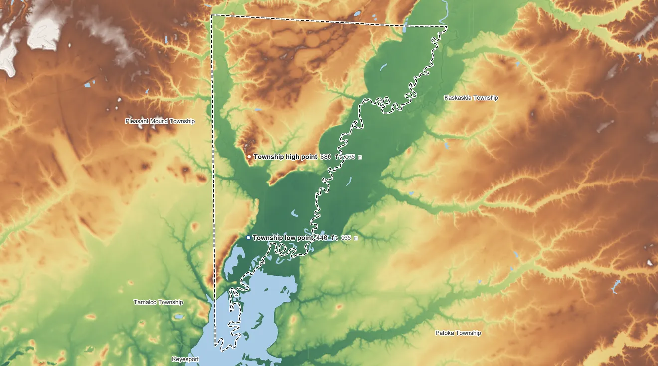 Topographic elevation map of Seminary Township, Illinois, shaded from 440 ft on the south side to 580 ft on the southwest side