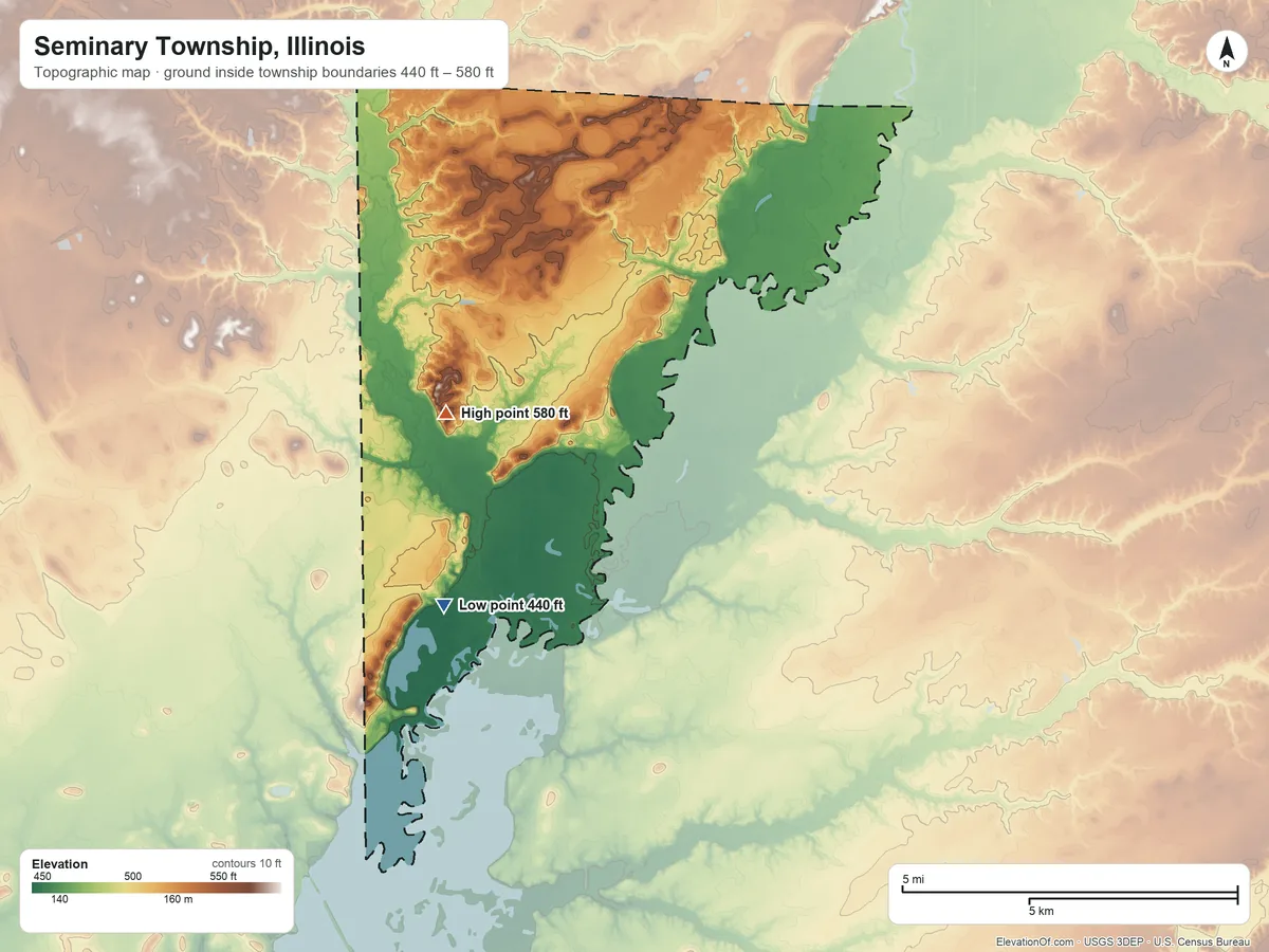 Topographic elevation map of Seminary Township, Illinois, shaded from 440 ft on the south side to 580 ft on the southwest side