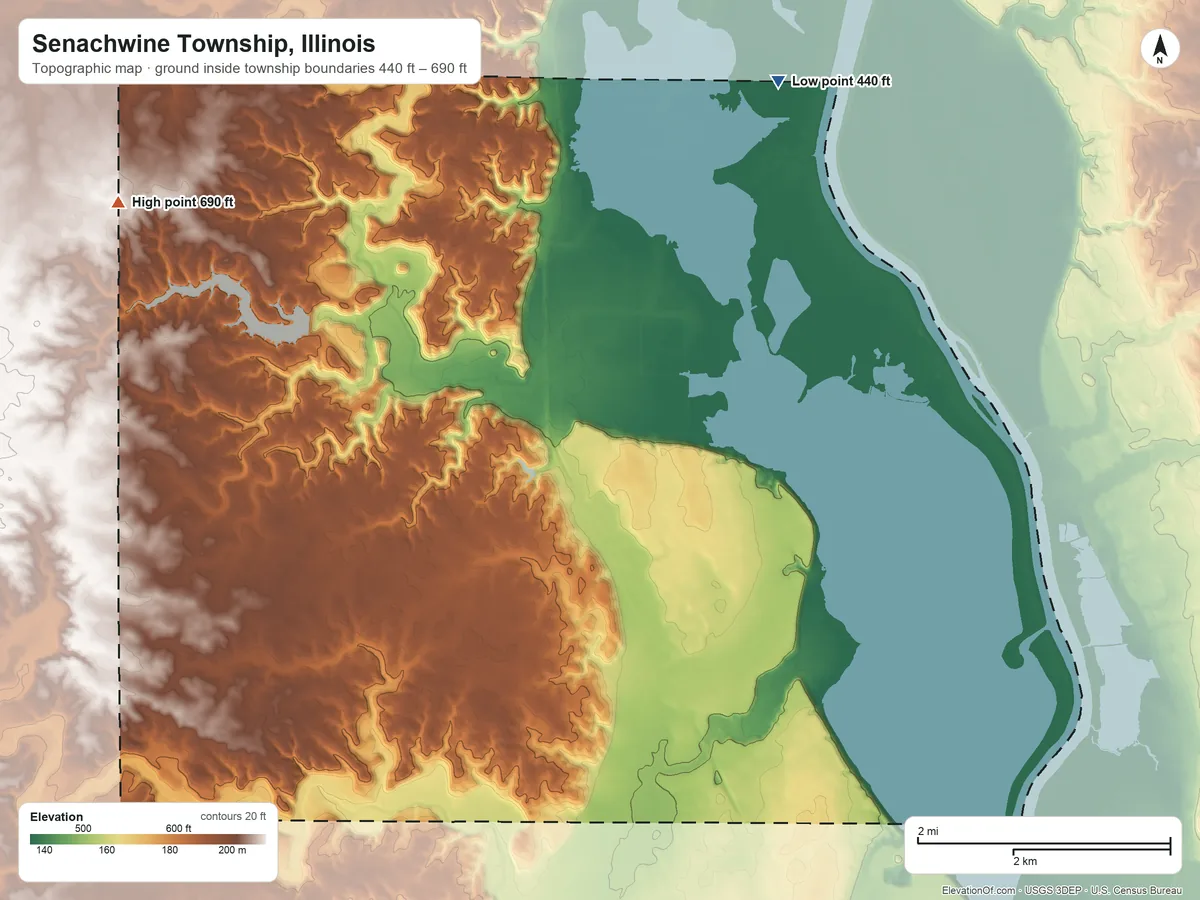 Topographic elevation map of Senachwine Township, Illinois, shaded from 440 ft on the northeast side to 690 ft on the northwest side