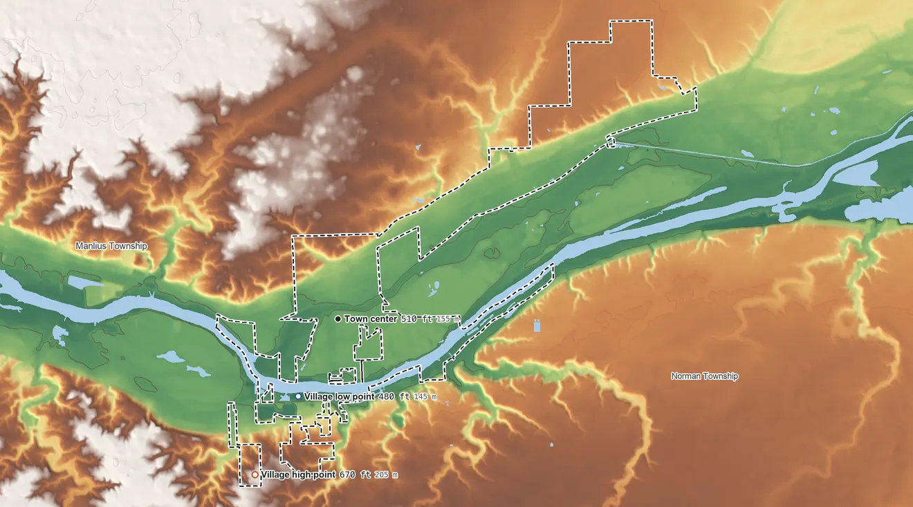 Topographic elevation map of Seneca, Illinois, shaded from 480 ft on the southwest side to 670 ft on the southwest side