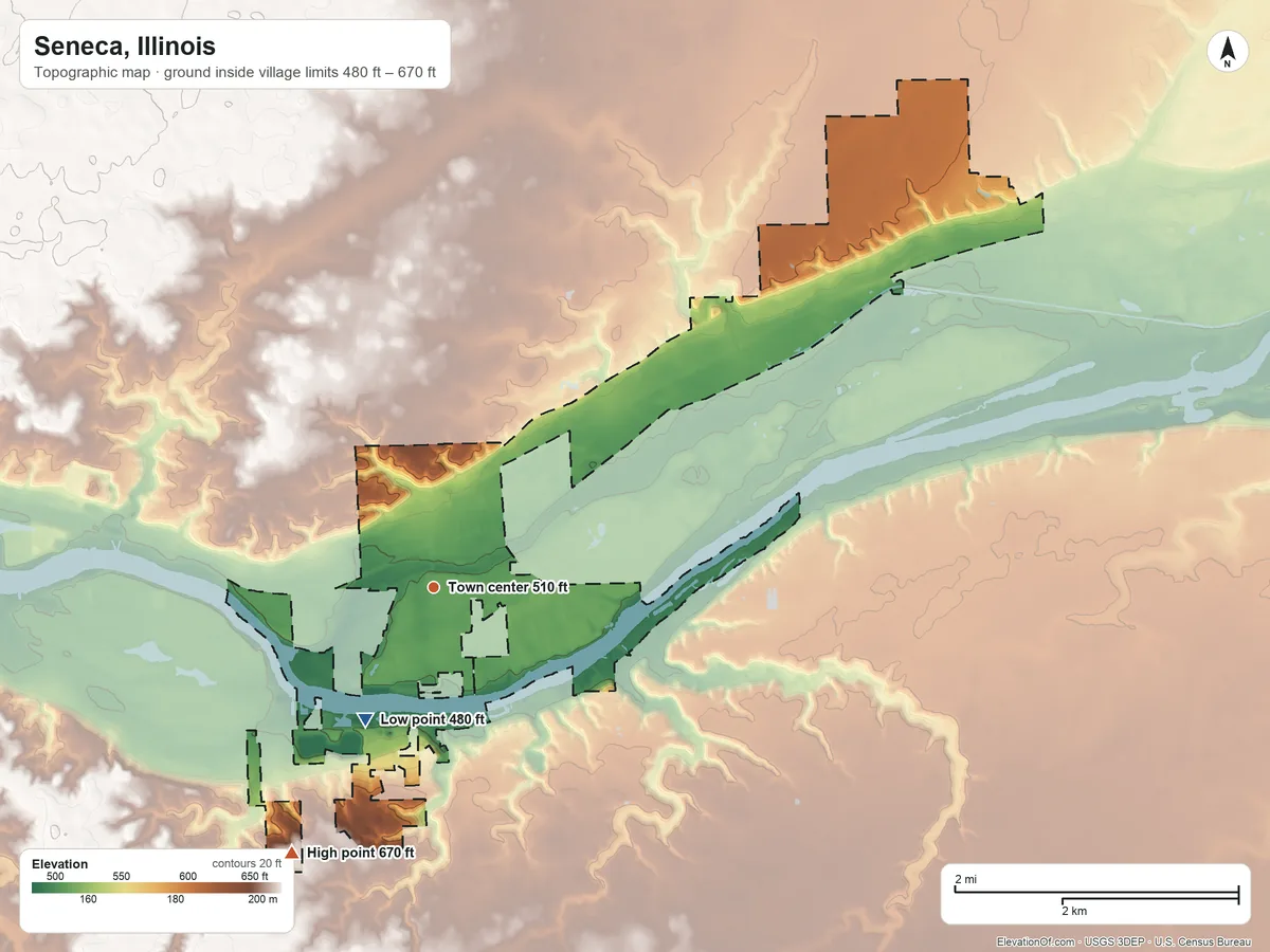 Topographic elevation map of Seneca, Illinois, shaded from 480 ft on the southwest side to 670 ft on the southwest side
