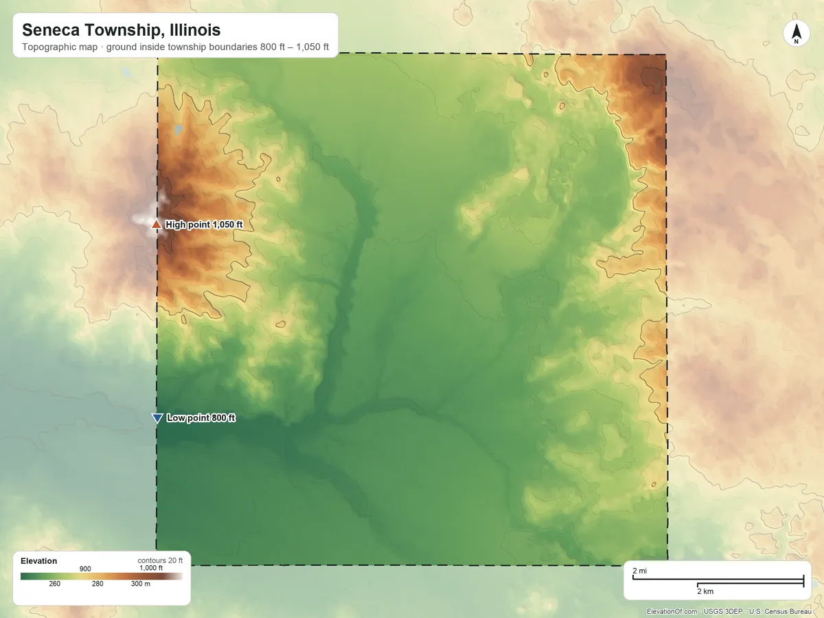 Topographic elevation map of Seneca Township, Illinois, shaded from 800 ft on the southwest side to 1,050 ft on the west side