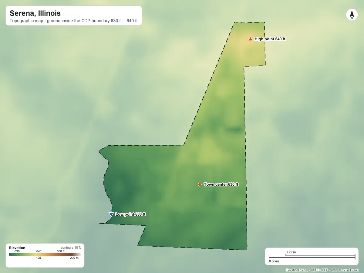 Topographic elevation map of Serena, Illinois, shaded from 630 ft on the west side to 640 ft on the north side