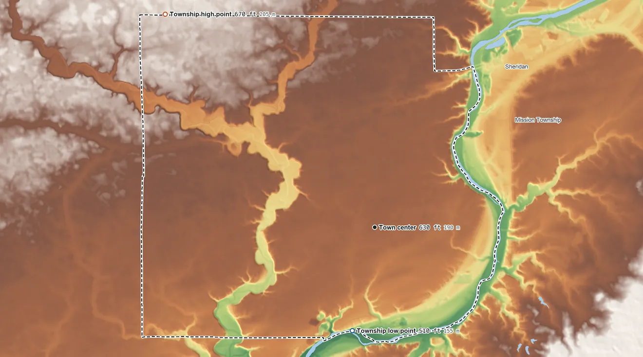 Topographic elevation map of Serena Township, Illinois, shaded from 510 ft on the south side to 670 ft on the northwest side