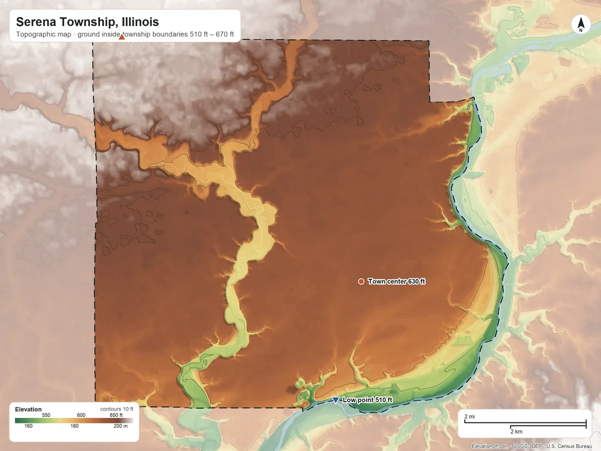 Topographic elevation map of Serena Township, Illinois, shaded from 510 ft on the south side to 670 ft on the northwest side