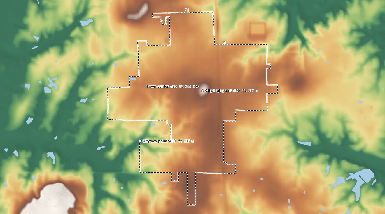 Topographic elevation map of Sesser, Illinois, shaded from 450 ft on the southwest side to 490 ft near the middle