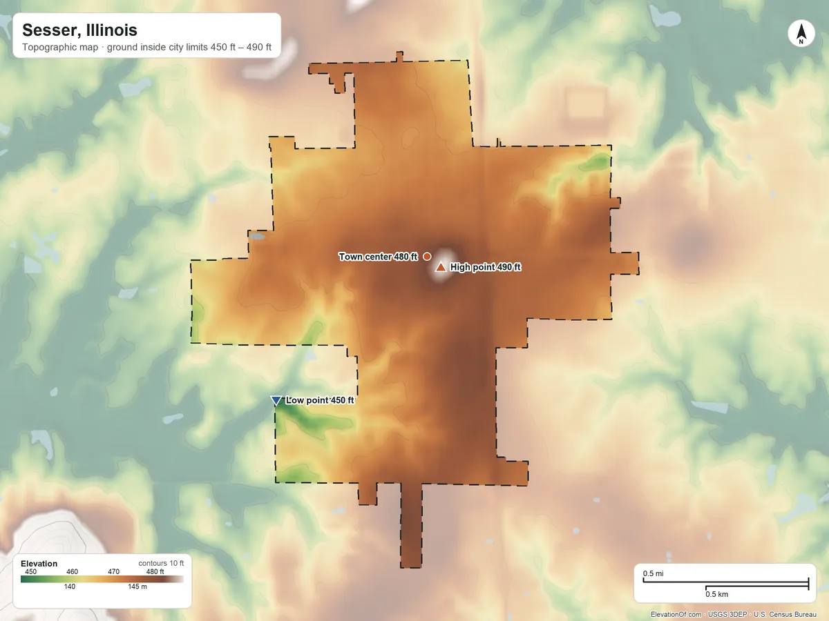Topographic elevation map of Sesser, Illinois, shaded from 450 ft on the southwest side to 490 ft near the middle