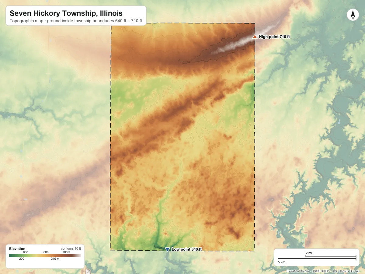 Topographic elevation map of Seven Hickory Township, Illinois, shaded from 640 ft on the south side to 710 ft on the northeast side
