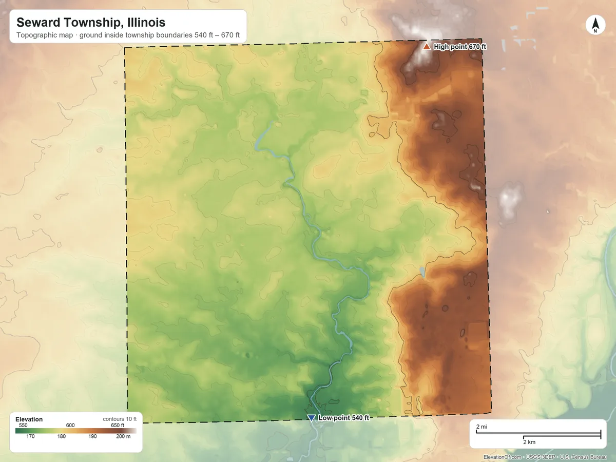 Topographic elevation map of Seward Township, Illinois, shaded from 540 ft on the south side to 670 ft on the north side