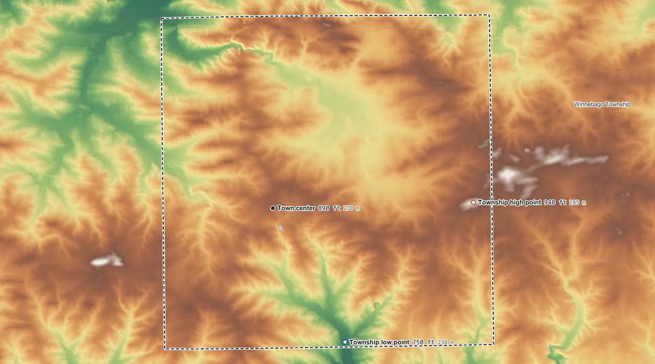 Topographic elevation map of Seward Township, Winnebago County, Illinois, shaded from 750 ft on the southeast side to 940 ft on the east side