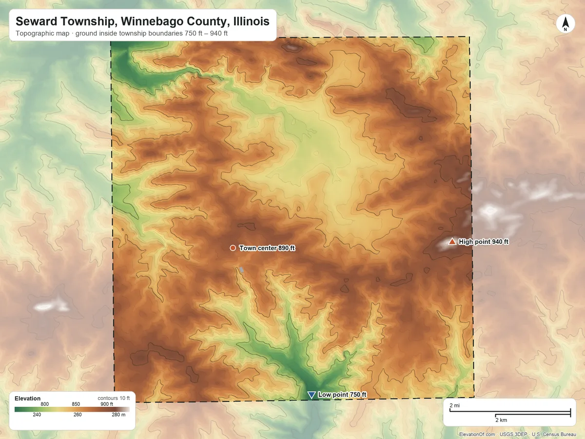 Topographic elevation map of Seward Township, Winnebago County, Illinois, shaded from 750 ft on the southeast side to 940 ft on the east side