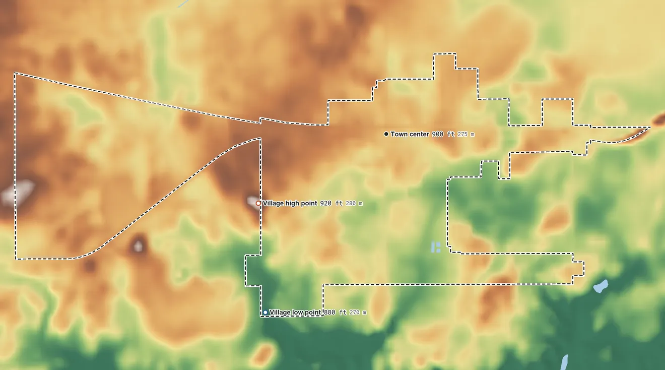 Topographic elevation map of Shabbona, Illinois, shaded from 880 ft on the southwest side to 920 ft on the southwest side