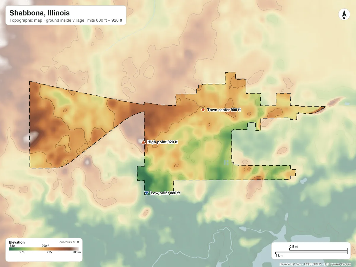 Topographic elevation map of Shabbona, Illinois, shaded from 880 ft on the southwest side to 920 ft on the southwest side