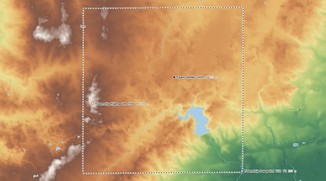 Topographic elevation map of Shabbona Township, Illinois, shaded from 760 ft on the southeast side to 990 ft on the west side