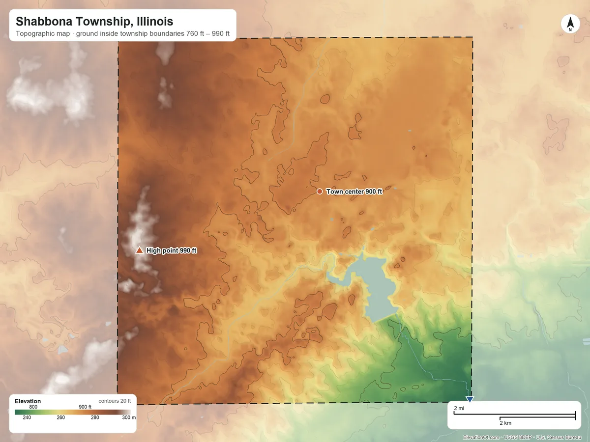 Topographic elevation map of Shabbona Township, Illinois, shaded from 760 ft on the southeast side to 990 ft on the west side