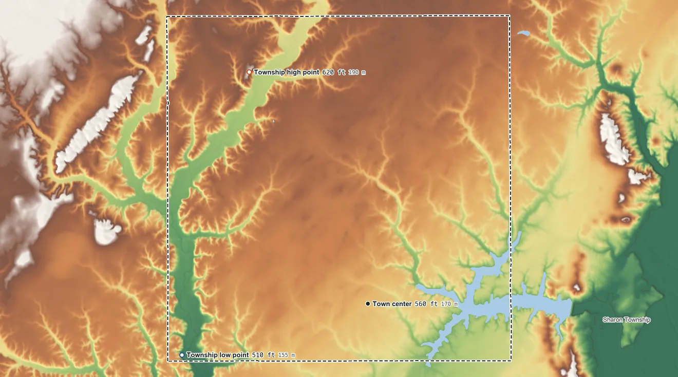 Topographic elevation map of Shafter Township, Illinois, shaded from 510 ft on the west side to 620 ft on the northwest side