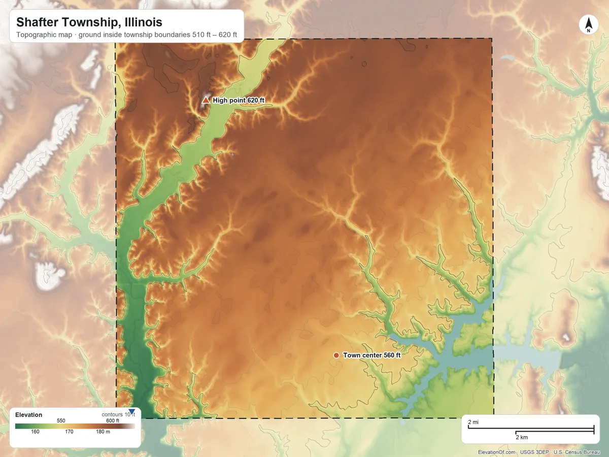 Topographic elevation map of Shafter Township, Illinois, shaded from 510 ft on the west side to 620 ft on the northwest side