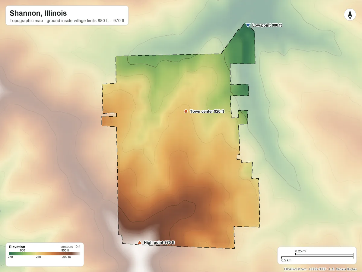 Topographic elevation map of Shannon, Illinois, shaded from 880 ft on the northeast side to 970 ft on the south side