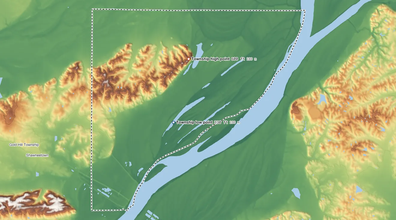 Topographic elevation map of Shawnee Township, Illinois, shaded from 330 ft on the northeast side to 600 ft on the northeast side