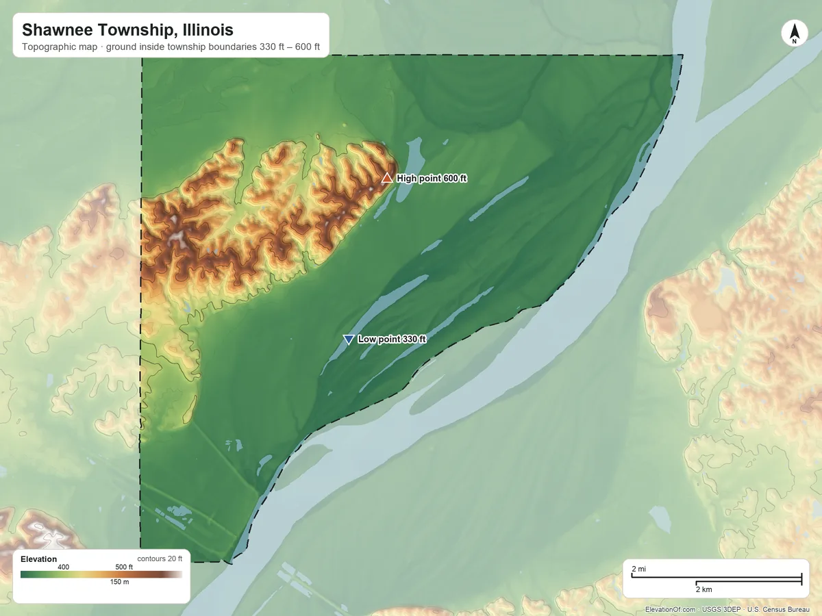 Topographic elevation map of Shawnee Township, Illinois, shaded from 330 ft on the northeast side to 600 ft on the northeast side