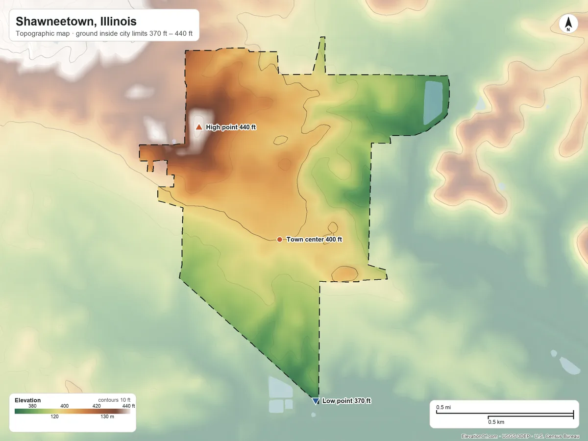 Topographic elevation map of Shawneetown, Illinois, shaded from 370 ft on the south side to 440 ft on the northwest side