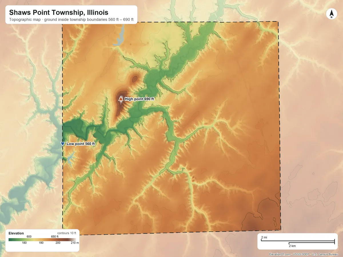Topographic elevation map of Shaws Point Township, Illinois, shaded from 560 ft on the west side to 690 ft on Coops Mound
