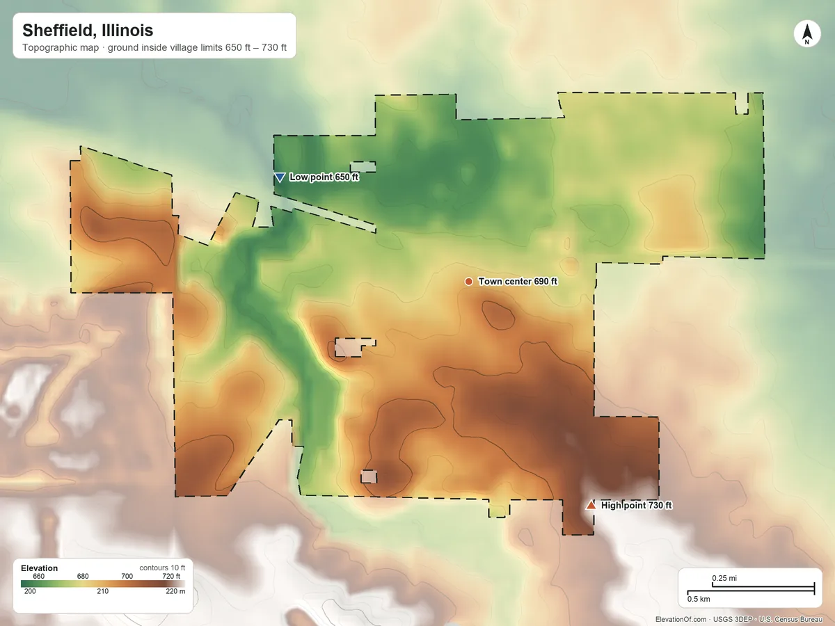 Topographic elevation map of Sheffield, Illinois, shaded from 650 ft on the northwest side to 730 ft on the southeast side