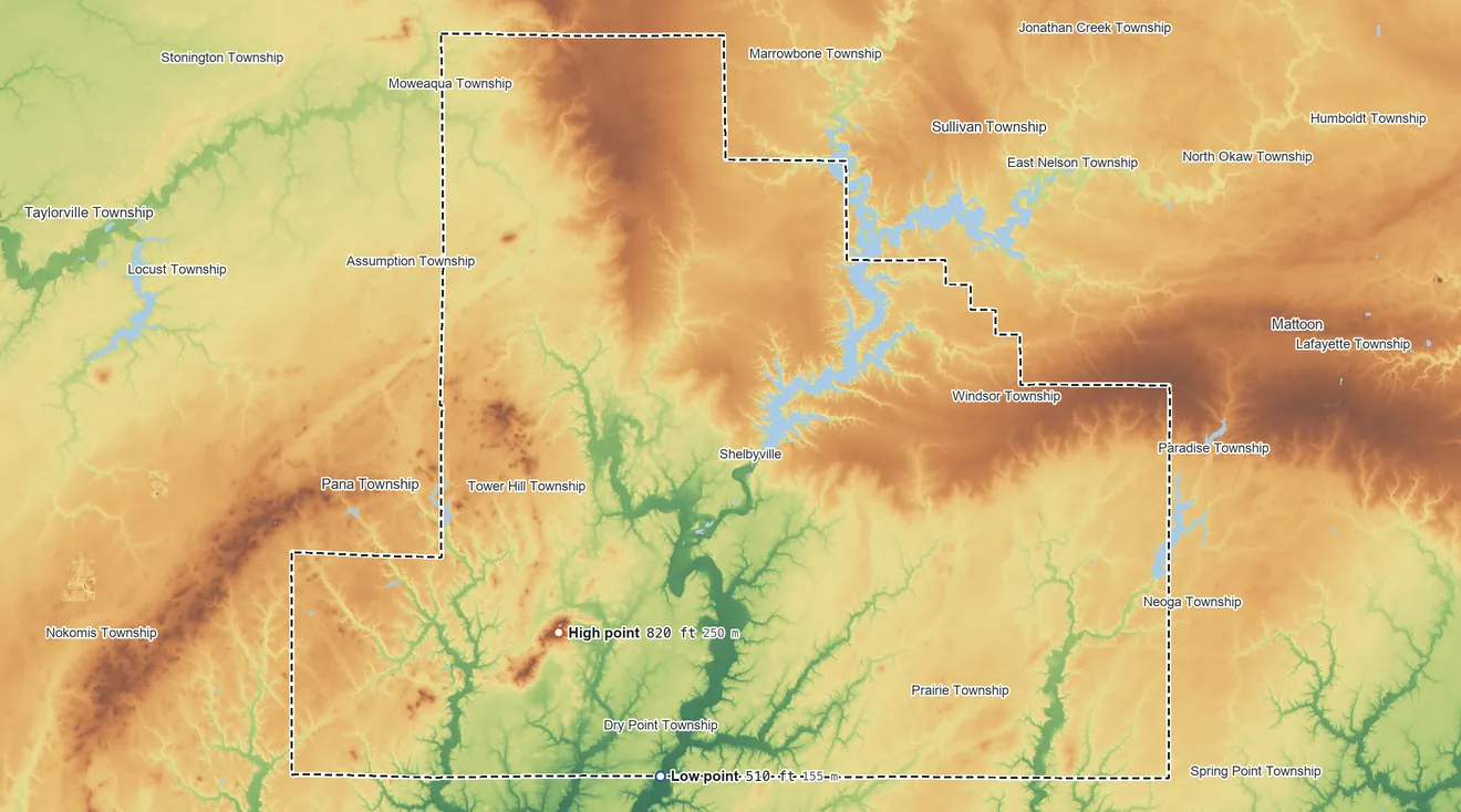 Topographic elevation map of Shelby County, Illinois, shaded from 510 ft on the south side to 820 ft on the southwest side