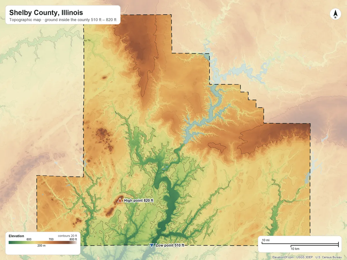 Topographic elevation map of Shelby County, Illinois, shaded from 510 ft on the south side to 820 ft on the southwest side