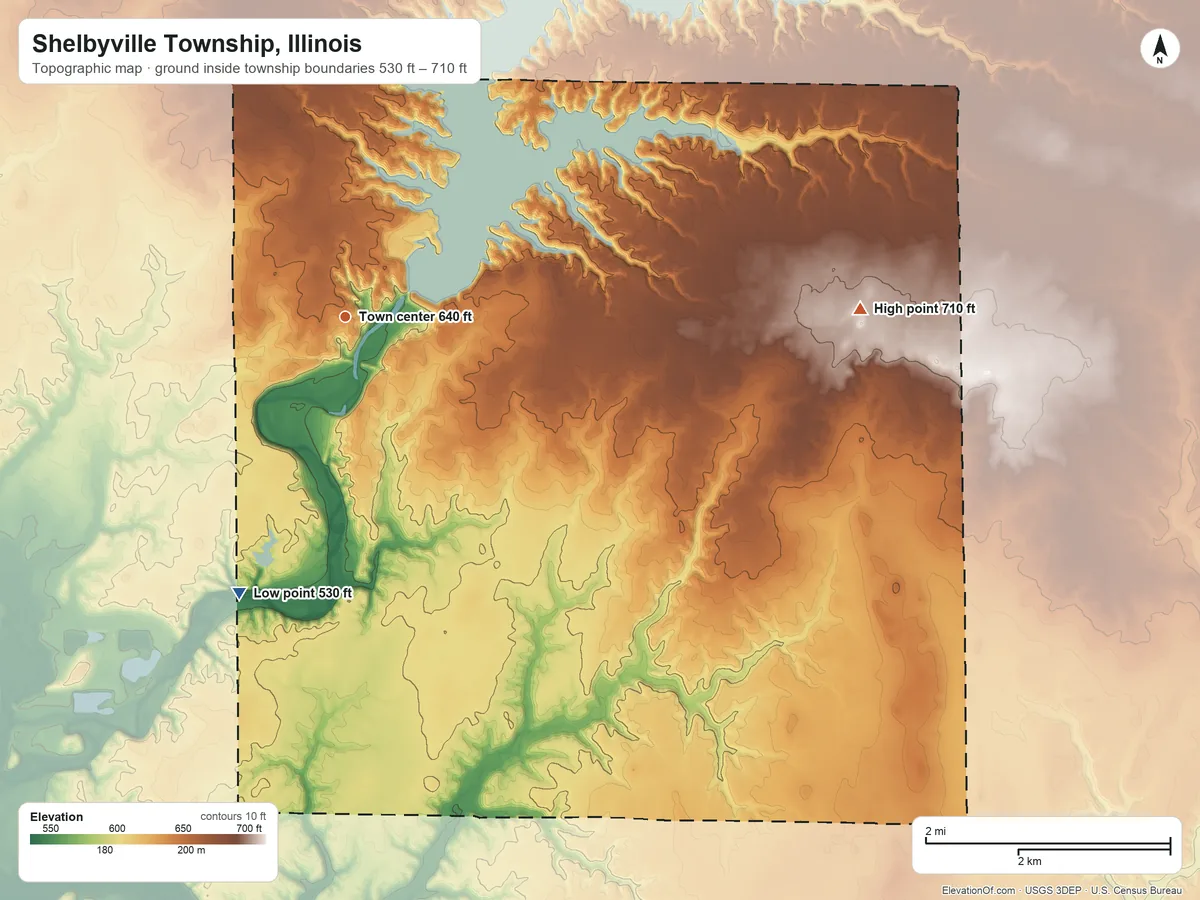 Topographic elevation map of Shelbyville Township, Illinois, shaded from 530 ft on the south side to 710 ft on the east side