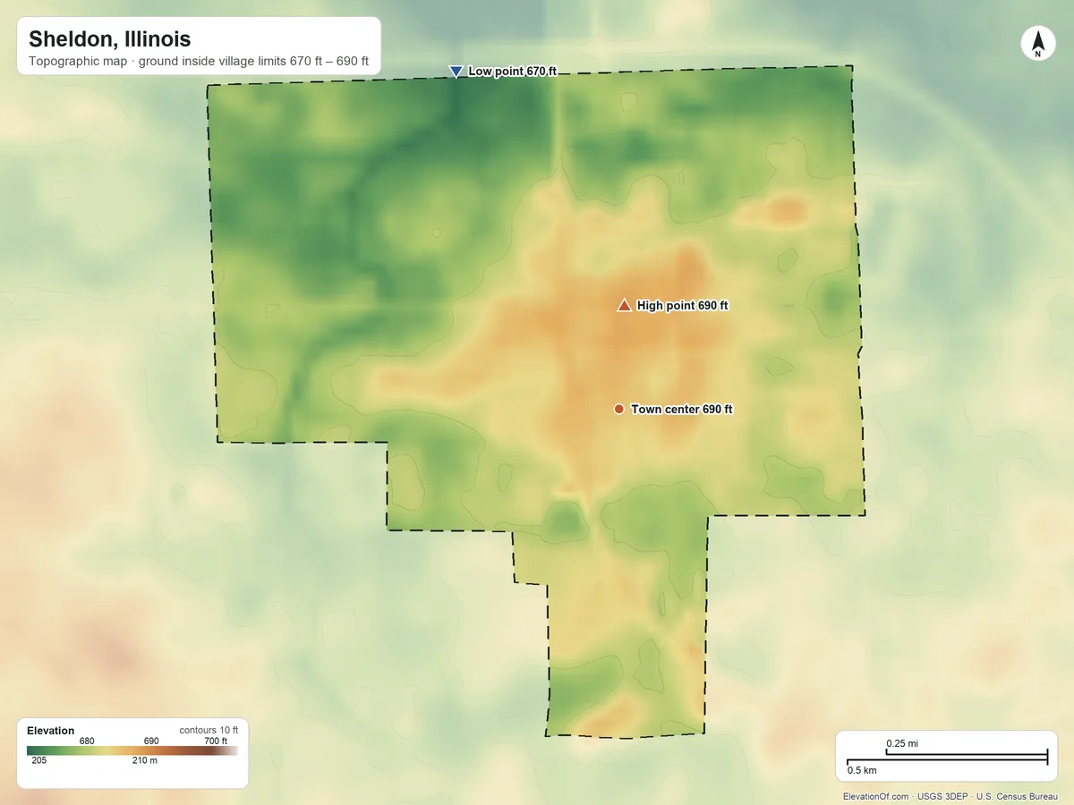 Topographic elevation map of Sheldon, Illinois, shaded from 670 ft on the northwest side to 690 ft on the north side