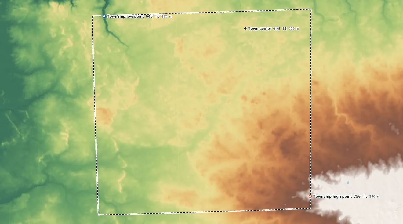 Topographic elevation map of Sheldon Township, Illinois, shaded from 640 ft on the west side to 750 ft on the south side